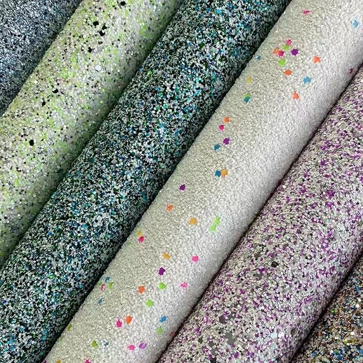 Ultra Shiny Metallic Sequins Fluorescent Glitter Artificial Synthetic Fabric Chunky Glitter PU Faux Leather Rolls For Upholstery